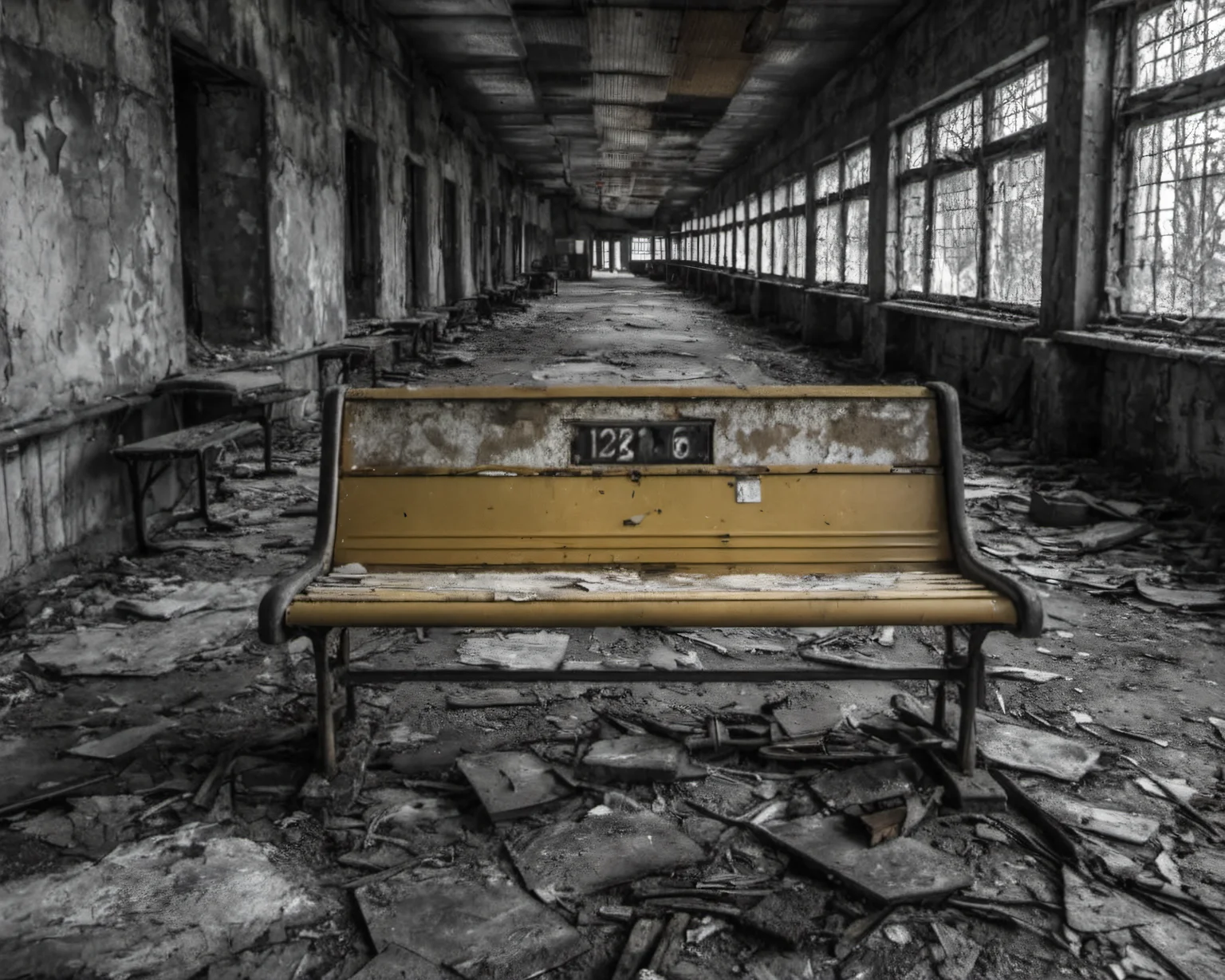 best quality, realistic, vray, hdr, on a post-apocalyptic deserted train station, rusting benches, cracked information board, graffiti-covered abandoned train., by Garry Winogrand, Chern4byl enviroment <lora:Chenorbyl_v1:0.8>