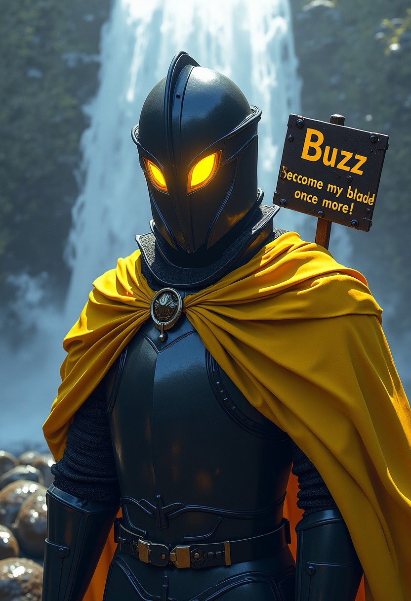 A knight, the knight using armor, the armor is black coloured, the knight using a yellow cape, the eyes of the knight is bright yellow, there is yellow lightnings in his eyes, beside him there is a sign that says: "Buzz become my blade once more!", the sign is made of metal,
waterfall background,
score_9, score_8_up, score_7_up, score_6_up, source_anime, masterpiece, best quality, skindentation, anime artwork, intricately detailed photorealism, very detailed, highly detailed texture, cinematic illumination, volumetric lighting, detailed face, detailed skin, detailed eyes, rating_explicit, concept art, absurdres, highres, hd, ultra hd quality details, Expressiveh, solo focus,