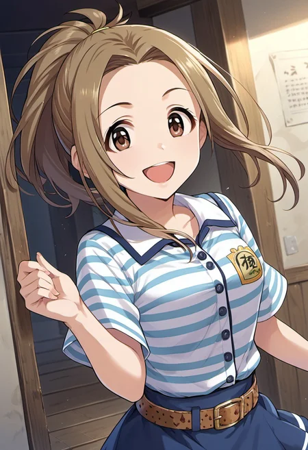 score_9, score_8_up, score_7_up, source_anime, manabe itsuki, brown hair, brown eyes, ponytail, 1girl, solo, smile, striped, open mouth, looking at viewer, skirt, belt, long hair, blue skirt, shirt