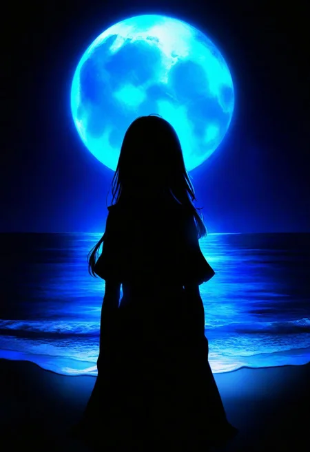 1girl, solo, facing away, beach, sea, night, dark, full moon, moon light, backlighting, aoi sakura \(seak5545\), achyue, momoko \(momopoco\), (torino aqua:0.7),  hebbtia, toto \(caaaaarrot\), nagi itsuki, mappaninatta, nanohana \(november.\), masterpiece, best quality, very aesthetic,