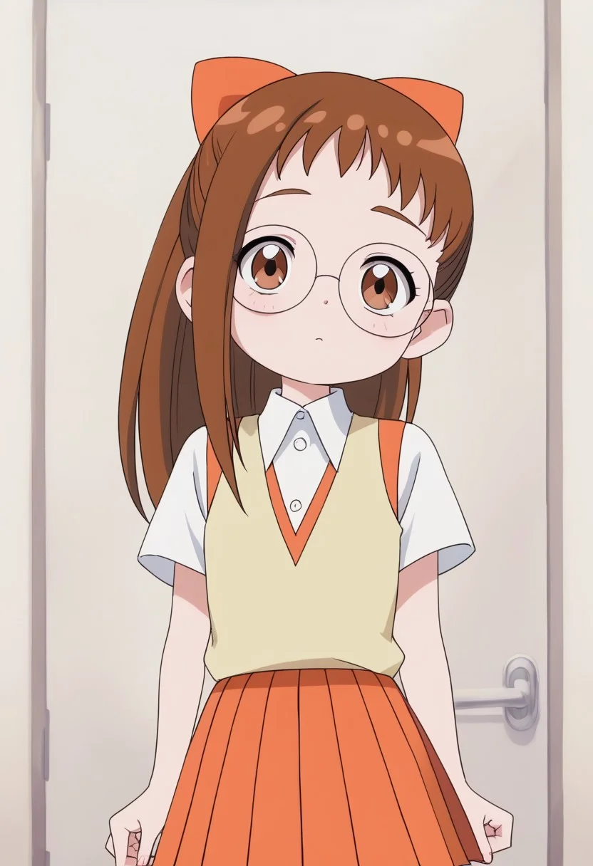 score_9, score_8_up, score_7_up BREAK Hazuki1, 1girl, brown hair, ponytail, brown eyes, glasses, orange bow, soft yellow waistcoat, short-sleeved collared white buttoned shirt, pleated orange skirt, cowboy shot, flat chest, young, short, shortstack,