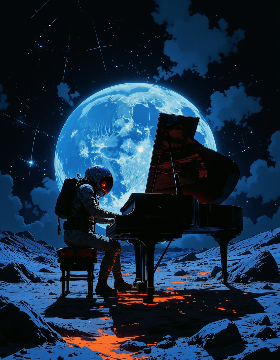 detailed digital illustration of an astronaut in a spacesuit playing a grand piano on the moon's surface. The Earth is prominently featured in the background, glowing with a blue light. The scene is set at night with a starry sky. The astronaut is seated on a piano bench, with the piano keys softly glowing. The camera angle is from the side, showing the astronaut's profile and the entire piano. The lighting is soft, with a blue tint highlighting the astronaut and the piano, highly detailed, vibrant colors, glowing effects, neon, <lora:Luminous_Shadowscape:0.8>, <lora:VividlySurreal:0.6>, <lora:NeonFantasyPrimeFLUX:0.6>