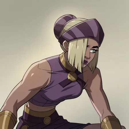 safe_pos, score_9_up, score_8_up, score_7_up, solo, 1girl, makeup, lipstick, short hair, blonde hair, hair bun, single hair bun, green eyes, hair over one eye, purple headband, purple crop top, purple skirt, sleeveless, bare shoulders, bracers, breast, Persephone (dc)