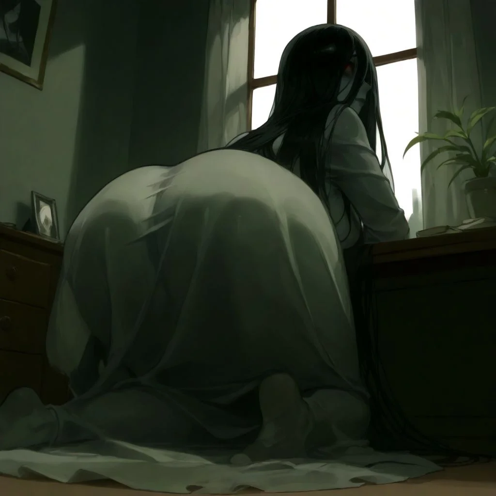 score_9, score_8_up, score_7_up, score_6_up, score_5_up, score_4_up, source_anime, rating_safe, Sadako ,\(Original Character\), grey skin, black long hair, transparent white dress, low view, red pupils, kneeling, back at spectator, looking at other side, window background, afternoon, big ass