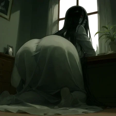 score_9, score_8_up, score_7_up, score_6_up, score_5_up, score_4_up, source_anime, rating_safe, Sadako ,\(Original Character\), grey skin, black long hair, transparent white dress, low view, red pupils, kneeling, back at spectator, looking at other side, window background, afternoon, big ass