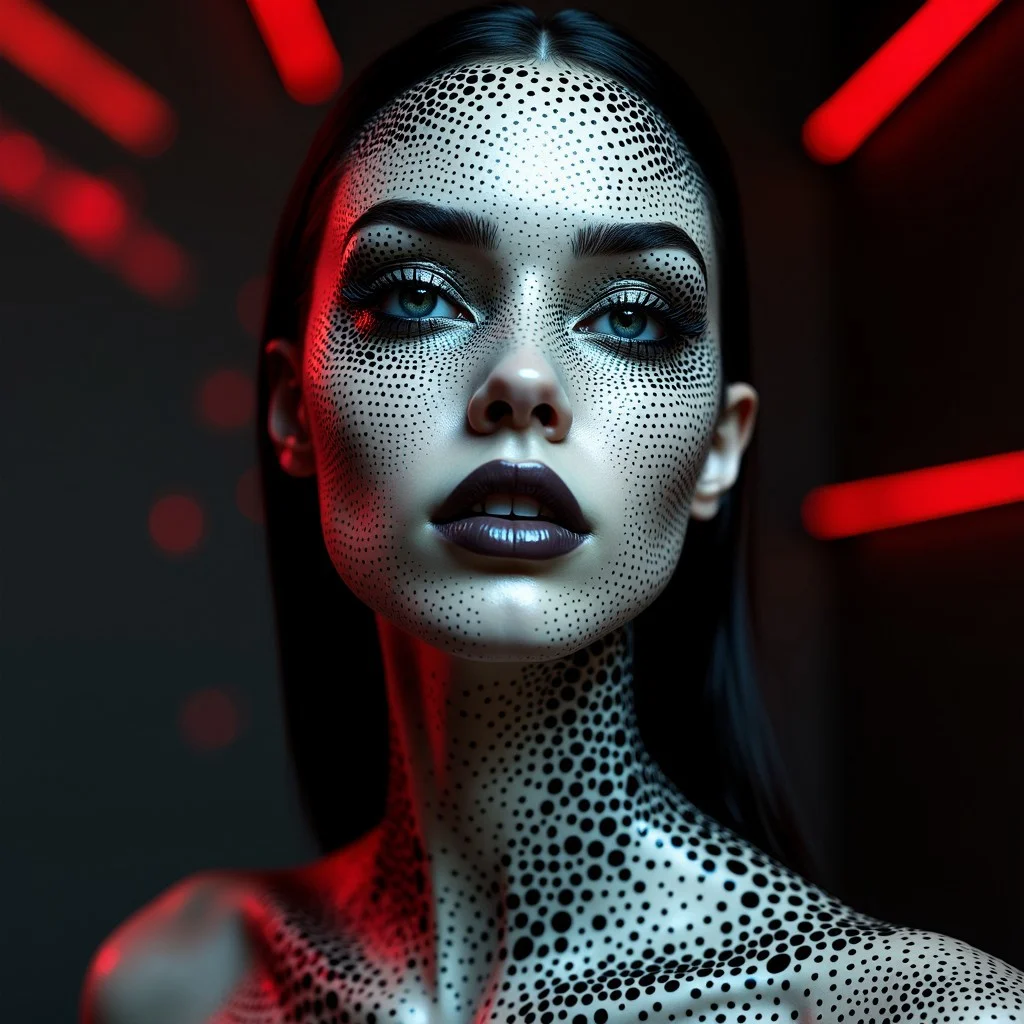 Futuristic female portrait, her face and neck covered in intricate black and white dot patterns resembling polka dots, highly detailed, glossy smooth skin, monochromatic with subtle red and black abstract accents in the background, hyper-realistic, futuristic avant-garde style, minimal lighting creating soft shadows, glowing red ambient light accents, avant-garde fashion, high contrast, close-up shot, 8k resolution, ultra-detailed, photorealistic rendering
