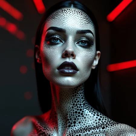 Futuristic female portrait, her face and neck covered in intricate black and white dot patterns resembling polka dots, highly detailed, glossy smooth skin, monochromatic with subtle red and black abstract accents in the background, hyper-realistic, futuristic avant-garde style, minimal lighting creating soft shadows, glowing red ambient light accents, avant-garde fashion, high contrast, close-up shot, 8k resolution, ultra-detailed, photorealistic rendering