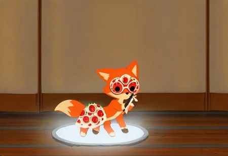 Super Animal Royale, detailxl, score_9, score_8_up, score_7_up, score_6_up, score_5_up,, detailed eyes, detailed face, detailed hands, top down full body view,  NightScapes, fox, cozy atmosphere, creative light overlay, 4k, masterpiece, (masterpiece), best quality, (4K), (cinematic lighting), highly detailed, 8K, UHD, ultra detailed, immersive picture, vivid colors, volumetric light, cinematic light, extremely detailed CG, pizza,