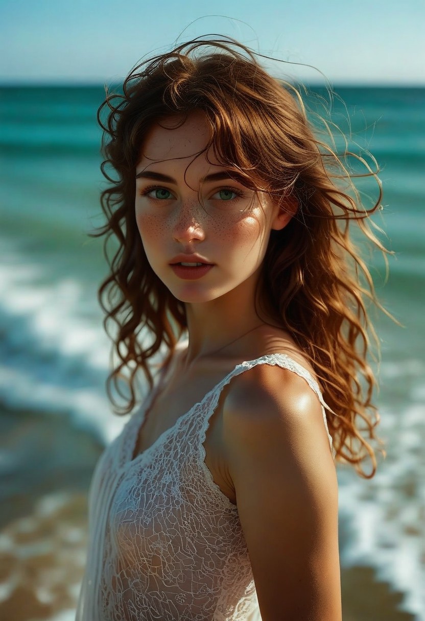 neoteny, small mouth, large eyes, wideset eyes, barely, freckles, clothed, skinny, round face, european, portrait, beach, ocean, depth of feild, 1girl, solo, long hair, looking at viewer, upper body, parted lips, brown hair, lips, realistic, outdoors, blue eyes, day, depth of field, green eyes, nose, bare shoulders, eyelashes, messy hair, sleeveless, photorealistic, see-through, teeth, eyebrows, white dress, dress, small breasts, wavy hair