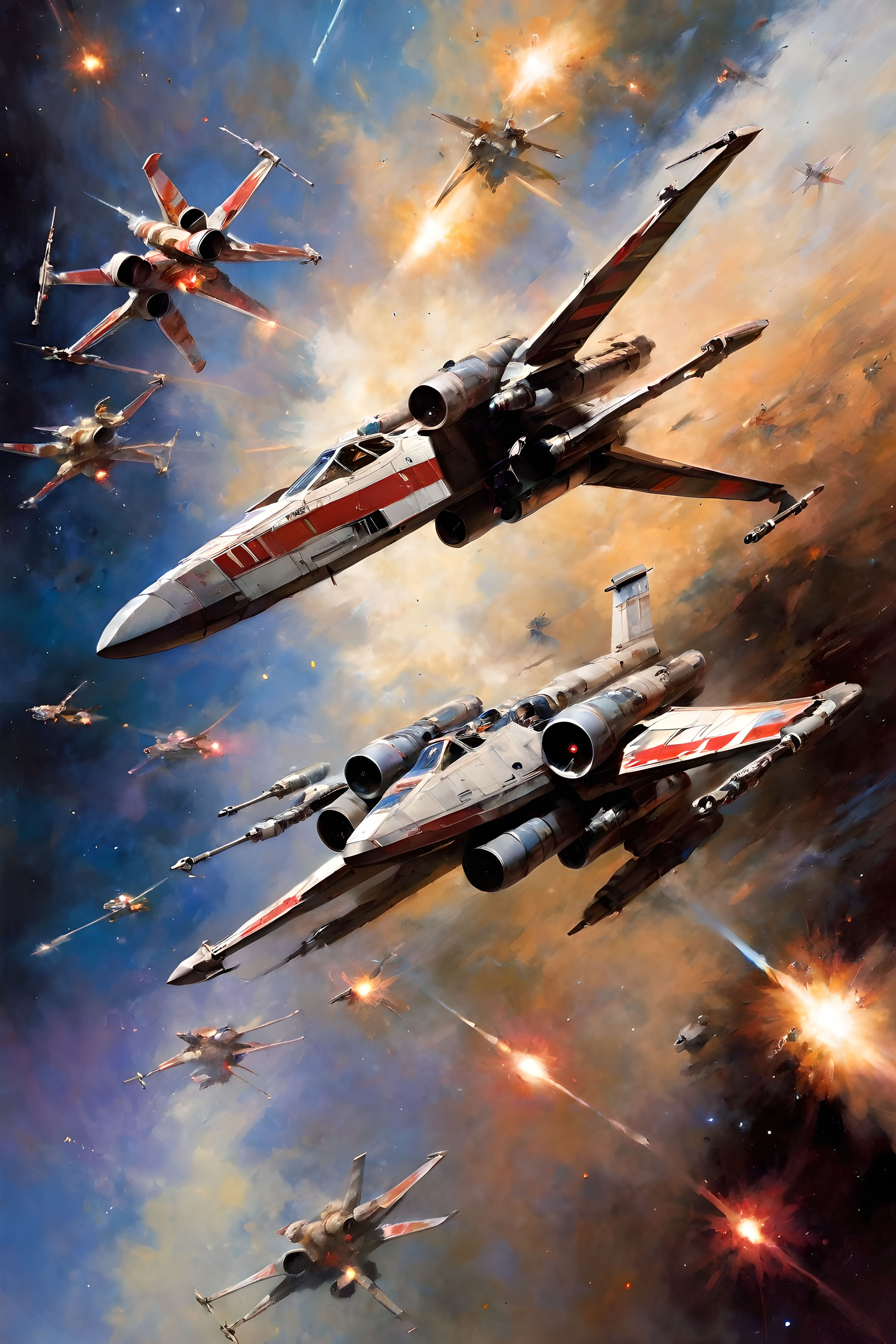 art by john berkey, a masterpiece, stunning detail, a rebellion X-Wing flying through the galaxy, firing red laser missiles, being chased by the empires tie-fighters, 