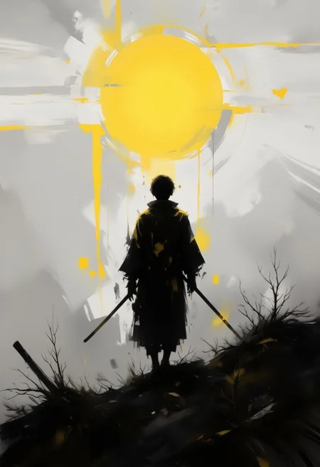aidmaimageupgrader, monki, hill, back view stave, shadow, silhouette, black and white, monochrome, yellow accents, dramatic lighting, atmospheric, foggy background, japanese culture, minimalist, moody, contrast, sunset glow, isolated figure, reflective pose,pscho_4rt