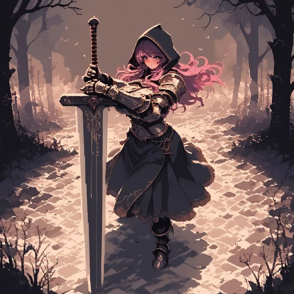 score_9, score_8_up, score_7_up, source_anime, fine sketch, manga style, monochrome, csr style, d3p1x3l, pixel art,
(1girl), pink hair, blush, shortish hair, bangs, stylish cut, a medieval peasant, wearing a (long heavy tunic with a hood), and light armor, highly detailed, full body illustration, milf, proud, adventurer, heroin, grabbing the handle of the, (giant_long_sword:1.6), (resting stance:1.6), firm grip, wide shoulders, (muscular:1.2), tall height, busty, gauntlets, (looking up), epic composition, dark fantasy,
a foggy and mysterious scene, dark fantasy aesthetic, dead trees in the background, with insanely intricate details and textures, gloomy dramatic lighting, perspective, (high angle:1.4), dynamic, foreshortening