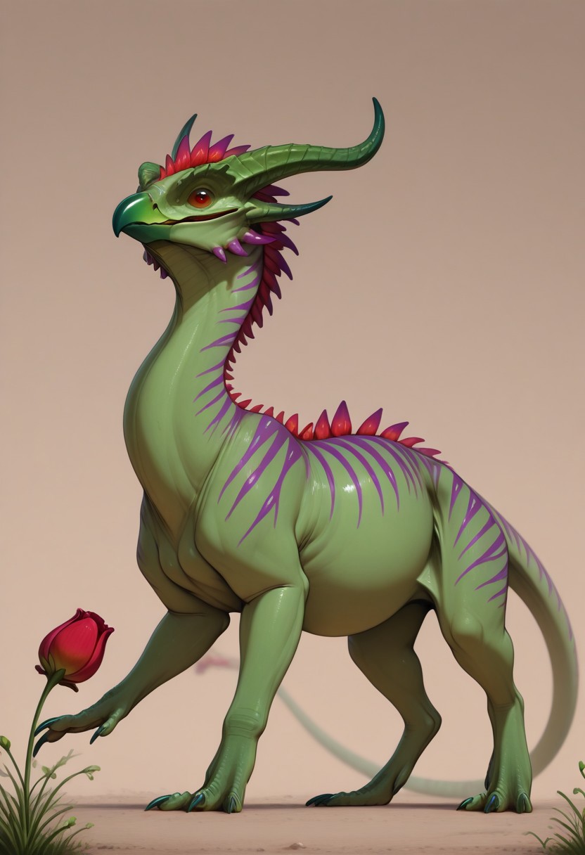 Rating: safe, masterpiece, best quality, amazing quality, highres, absurdres, Gaula, 1animal, feral, sharp beak, red tail tip, flower bud tail, green and purple horns, forward-pointing horns, green skin, variegated purple stripes, raschen, short neck, chubby body, small, rodent physique,
close up, variety, side view,