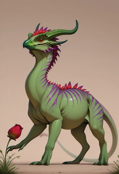 Rating: safe, masterpiece, best quality, amazing quality, highres, absurdres, Gaula, 1animal, feral, sharp beak, red tail tip, flower bud tail, green and purple horns, forward-pointing horns, green skin, variegated purple stripes, raschen, short neck, chubby body, small, rodent physique,
close up, variety, side view,