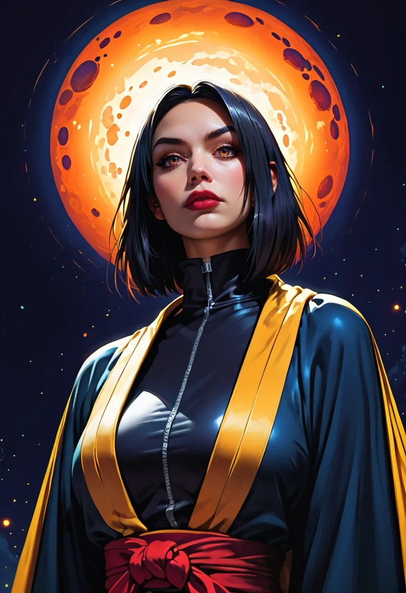 <lora:g0th1cPXL:0.5>g0th1c<lora:TradingCardsPonyXL:0.65>dsktrdcardxl,score_9, score_8_up, score_7_up, score_6_up, solo, source_comic, comic book art, fantasy art, Lenticular, dark and dim, Low Angle, (side view perspective), a woman, (ninja:1.1) woman, with orange ,dark black hair, deep gold ,amber eyes, detailed eyes, with a high collar cyber (Samurai:1.1) jacket, Large linen cape ,super detailed, background is blue , surrounded by a detailed spacescape with translucent dark-amber Highlights, stunning lighting, detailed, highly vibrant, detailed, masterpiece, highly detailed, high quality, score_5_up, score_4_up,