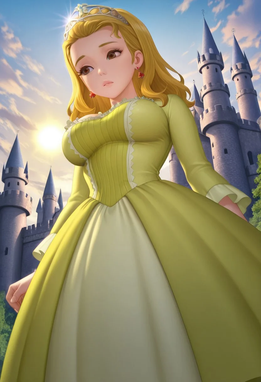 solo, amb_stf, tiara, blonde hair, red earrings, brown eyes, light green dress, large breasts, standing, from below, close up, outdoors, natural lighting, castle, sky blue, clouds, sun