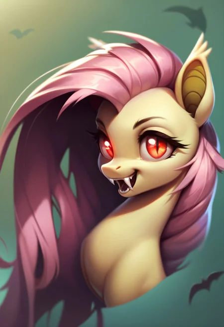 core_9, score_8_up, score_7_up, score_5_up, Pony, Fluttershy bat, (head tilt), very long hair, open mouth, abstract background, glowing eyes, fangs, grin,