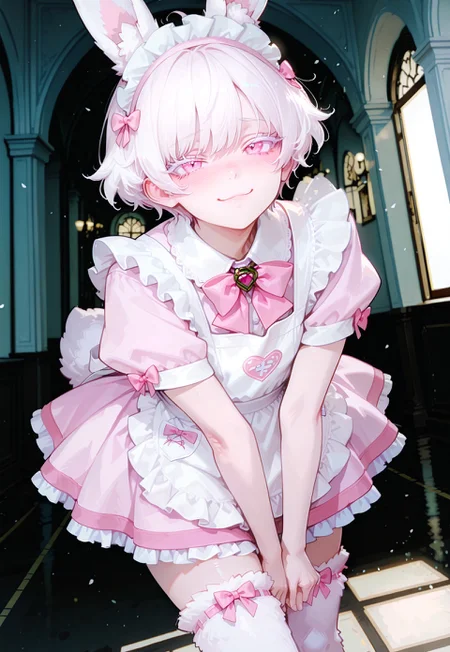 anime, best quality, dynamic pose, expressive, dynamic pose, dynamic angle, volumetric lighting, cinematic lighting, absurdres,
BREAK
,
1girl, pixie cut, short hair, white hair, wavy hair, white eyelashes, fluffy hair, withe skin, beautiful pink eyes, little, cute, fluffy outfit, Wererabbit, animal legs, thighhigh fur, rabbit ears, fluffy, (handsome, bishounen, masculine),
BREAK
,
indoors, white and pink ballroom, cute, blushing, shy, detailed, beautiful, masterpiece, high quality, adorable, shy smile, maid, maid headdress, apron, pink dress, frills, short sleeves, pink bow, mori_calliope