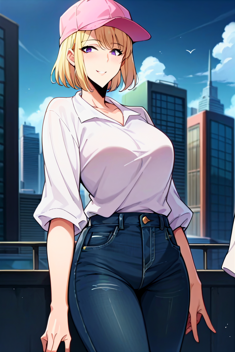 score_9, score_8_up, score_7_up, score_6_up, score_5_up, score_4_up, rating_questionable, , source_anime, digital illustration, pixiv, fanbox, uncensored, , BREAK, official art,
1girl, solo, mature female, cha hae in,, blonde hair, purple eyes, short hair, medium breasts,
white shirt, pink cap, jeans,   city, buildings, outdoors, light smile, blush, looking at viewer, cowboy shot,  <lora:Cha_Hae_In_Pony-10:1.1>