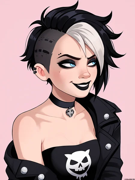 score_9, score_8_up, score_7_up, score_6_up, score_5_up, score_4_up, rating_safe,
BREAK
girl with black hair, short hair, messy hair, tomboy, light blue eyes, black eyeshadow, multicolored hair, streaked hair, white hair, black lips, looking away, adult, mature, seductive smile,
BREAK
solo, portrait, close-up, black tube top, punk, black punk jacket, black choker, small breasts, strapless,
BREAK
pink background, <lora:Lunas-Shadbase-SDXL-A1:1>