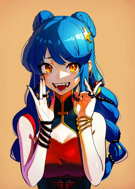by noodle4cool
1girl, solo, hair rings, chain, yellow eyes, blue hair, red background, long hair, looking at viewer, braid, jewelry, open mouth, hair ornament, fangs, bangs, teeth, mole, dress, simple background, black nails, fingernails, cross, bare shoulders, chinese clothes, upper body, nail polish
anime,
best quality, masterpiece,