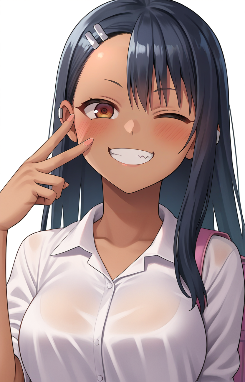 <lora:v_w_backhand_XL_v1_wasabiya:1>,score_7_up,anime,cowboy shot,large breasts,v over eye,backhand,1girl,solo,long hair,blush,one eye closed,smile,dark-skinned female,shirt,hairclip,bag,upper body,nagatoro hayase, smirk, grin, shaded face,