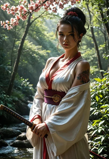 score_9, score_8_up, score_8, score_7_up, score_7, very aesthetic, best quality, amazing quality, masterpiece, newest, shiny highlights, 1woman, breathtaking, retro-styled samurai with a striking, curvaceous figure, blending classic Edo-period aesthetics with a sultry, dramatic flair. 
BREAK She has long, flowing raven-black hair styled in a loose, windswept ponytail with strands framing her face, and intense, almond-shaped eyes that glimmer with fierce determination. She has a glowing dragon tattoo on her chest glowing with fire. She wears an extremely revealing, form-fitting kimono with a deep neckline, sliding off her shoulders to expose smooth skin and crimson black fabric adorned with golden dragon embroidery. 
BREAK a polished katana rests against her hip, the sheath decorated with intricate cherry blossom carvings. 
BREAK She stands in a misty bamboo forest at sunset, bathed in warm, golden hues, with falling petals swirling around her. Her pose is both graceful and bold, one hand teasingly adjusting her kimono, while the other grips her katana, ready for battle. 
BREAK The artwork has a vintage, hand-painted anime style reminiscent of 70s and 80s samurai films, with bold linework, soft shading, and a subtle grainy texture. best quality, amazing quality, very aesthetic, absurdres, very awa, masterpiece, best quality, good quality