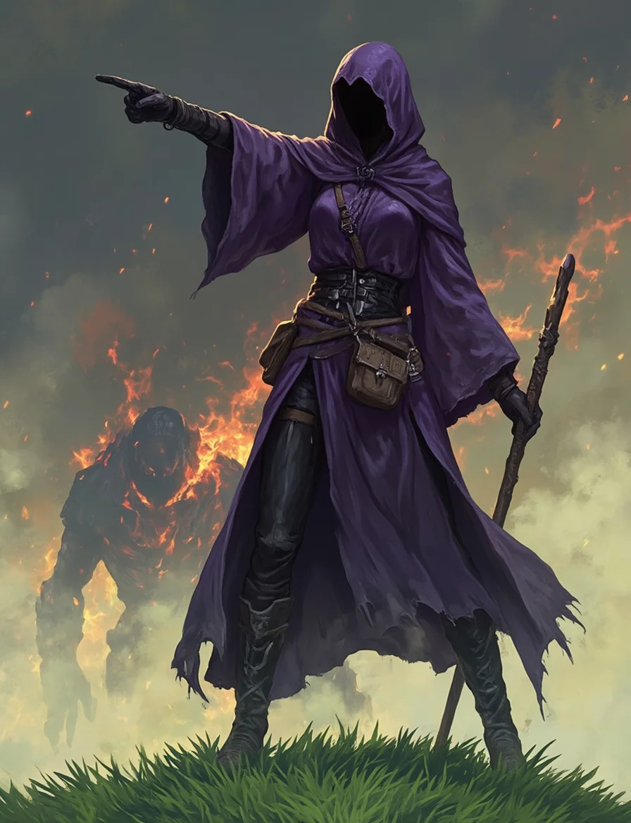 cowboy shot, digital art, illustration, realistic anime style, assymetrical. A mysterious woman in a purple hooded cloak to feet with an empty, shadowed face. She is slim, has breasts. She points a staff at viewer, and a small brown pouch hangs at her waist, rugged boots. Standing on a green hill, grass. POV of burning monster,