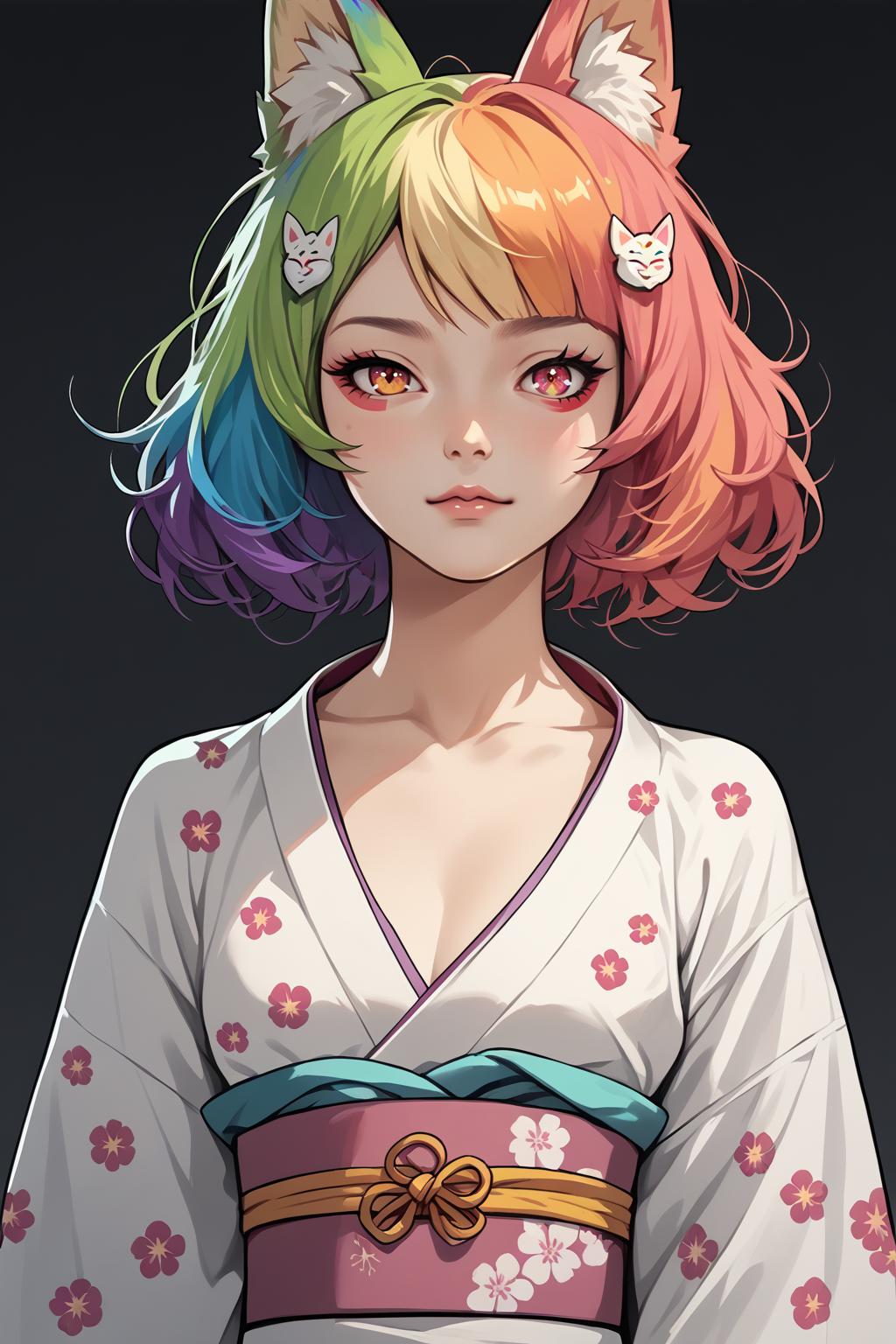 PonyXLV6_Scores , randomcorestyle , fox girl, kimono, rainbow hair, sexy, kawaii, source_anime <lora:RandomCorePonyXL:1>