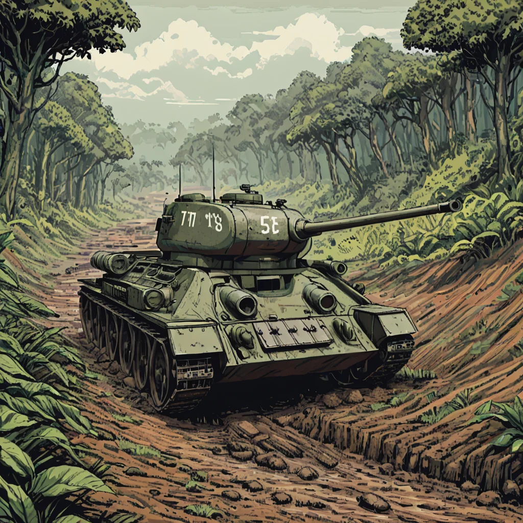 a t3485tnk tank is driving through the undergrowth of the jungles of vietnam, mud, rain, vines, ((pulp_comic, heavy_lines, hand_drawn, hand_inked, hand_colored, apxlz))