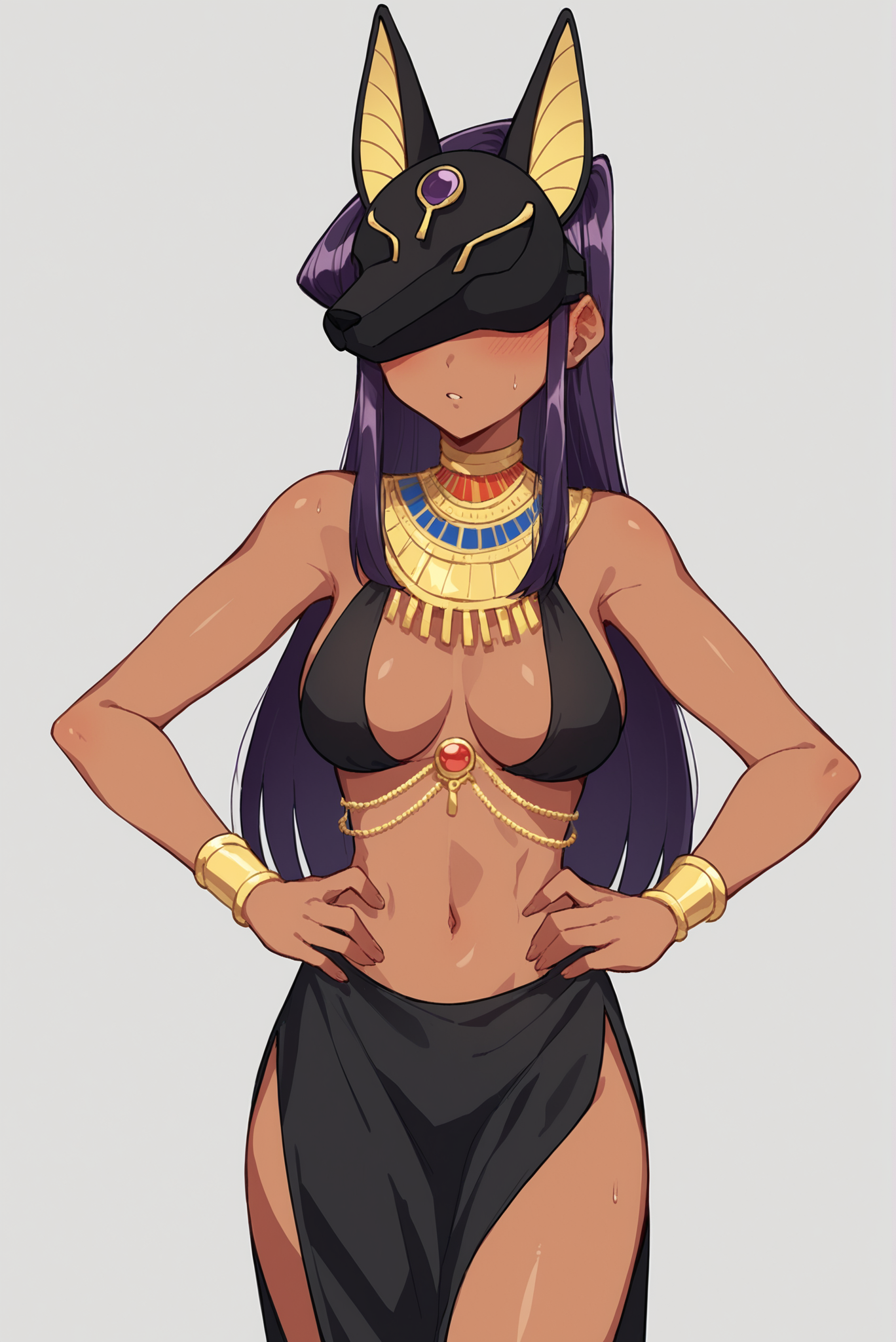 score_9, score_8_up, score_7_up, source_anime BREAK 1girl, solo, Komi Shouko, purple hair, long hair, blush, parted lips, simple background, tanned skin, golden bracelet, gold jewel, medium breasts, perky breasts, hands on hips, seductive, temptress, navel, walking, swaying, anubis mask, mask, Egyptian, <lora:Anubis_mask:1>, eyes covered by mask, rating_questionable