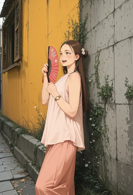 masterpiece, best quality, amazing quality, photography,
1girl, solo, brown hair, half updo, long hair, hair ornament, flower in hair, light green eyes, detailed eyes, thick eyebrows, blush, pink lips, smiling, upper teeth only, looking away,
traditional clothes, sleeveless, halter shirt, loose shirt, oversized shirt, pink shirt, long skirt, dark_pink_skirt, hand fan, folding fan, paper fan, jewelry, wristwatch, gold wristwatch,
outdoors, yellow wall, gritty_wall, grass, urban_background, street, stone path, daylight, bright light, colorful