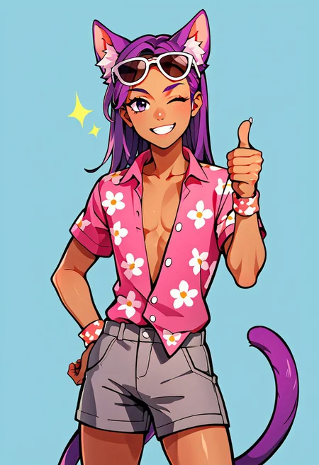 sscore_9, score_8_up, score_7_up, score_6_up, score_5_up, score_4_up, zzCitronCAT, beach background, solo, 1boy, cute, perfect hands, bob, human, vitiligo, dark skin, light spot around left eye, purple hair, cat ears, smiling, eyes half-closed, long hair, hair tied, cat tail, pink shirt, unbuttoned hawaiian shirt, bare chest, floral shirt, gray shorts, dark shorts, rubber band wristbands, shades, sunglasses, sunglasses on forehead, winking, thumbs-up