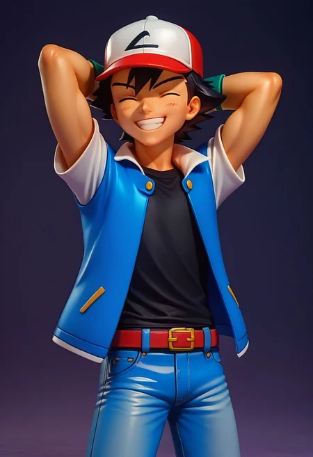 score_9, score_8_up, score_7_up, source_anime, high resolution,
figure, solo, 1boy, ash_kanto, black hair,
baseball cap, black t-shirt, blue jacket, open jacket, short sleeves, white sleeves, jeans, belt, fingerless gloves,
smile, grin, hands behind head, eyes closed,
cowboy shot, dark background, vivid lighting, best quality, realistic,