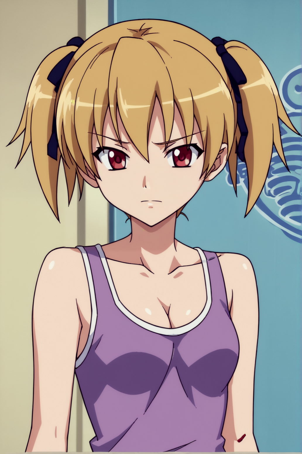 score_9, score_8_up, score_7_up,anime_source, source_anime, best background, detailed background, anime screencap,  Nami, cleavage, collarbone, short, twintails, ribbon, solo, tank top <lora:JN_Aoi_Nami:0.8>