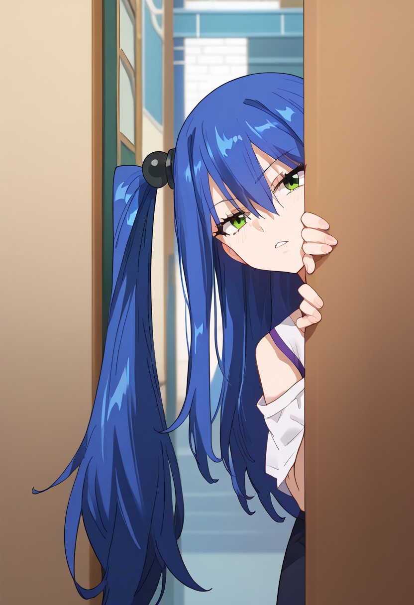 zPDXL3, score_9_up, score_8_up, score_7_up, (Anime_source), 1girl, peeking out
upper body, hiding behind wall, RLabiliaChristy, green eyes, blue hair, long hair, side ponytail, floating ponytail, looking at viewer, parted lips, curios