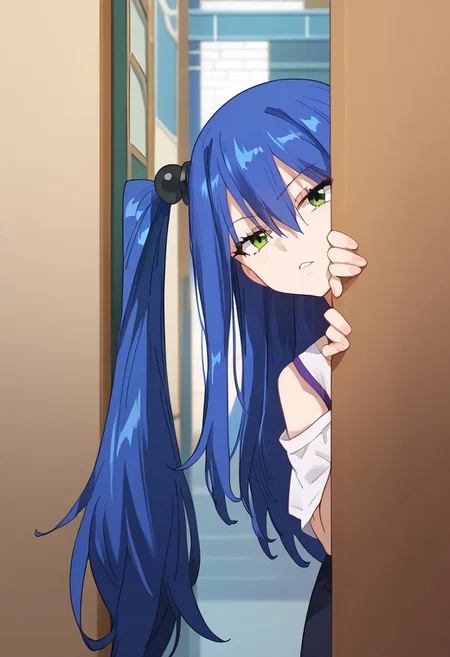 zPDXL3, score_9_up, score_8_up, score_7_up, (Anime_source), 1girl, peeking out
upper body, hiding behind wall, RLabiliaChristy, green eyes, blue hair, long hair, side ponytail, floating ponytail, looking at viewer, parted lips, curios