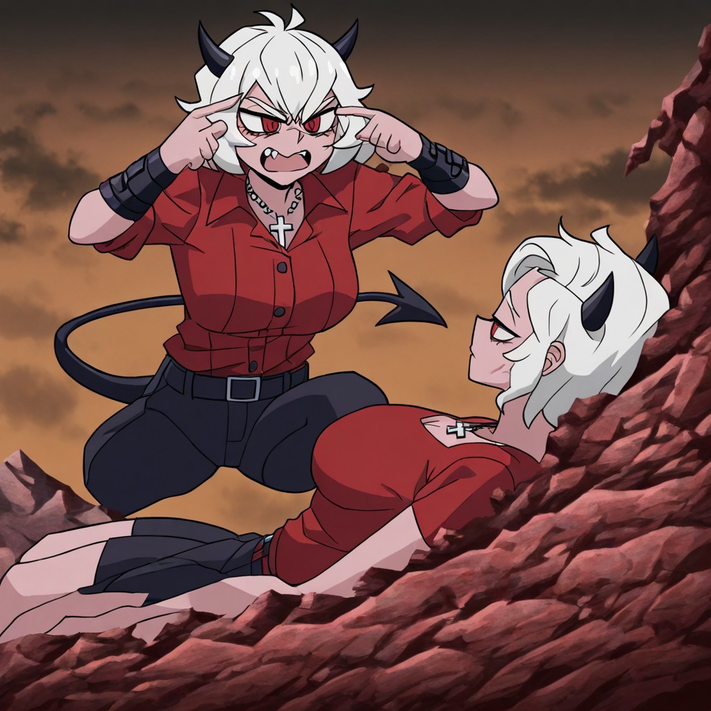 masterpiece, best quality, newest, absurdres, highres,  anime, anime style, TMTMEEV1.1-Fullscene,
BREAK
TMTMEMEV1.1-Role:Mark, lying, lying on rock, rock, 1girl, malina \(helltaker\), demon girl, short hair, white hair, horns, demon tail,
BREAK
TMTMEMEV1.1-Role:Nolan, suqt, squating, pointing at self, 1girl, zdrada \(helltaker\), demon girl, short hair, white hair, horns, demon tail, cross, cross necklace, demon horns, necklace, red eyes, red shirt,