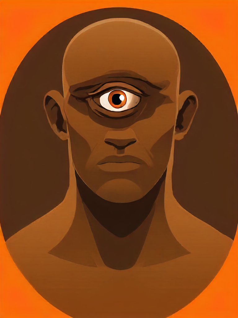 cyclops, one eye, solo, looking at viewer, simple background, 1boy, upper body, male focus, english text, gradient, gradient background, no humans, dark-skinned male, web address, orange background, bald, one-eyed<lora:cyclopes:1>