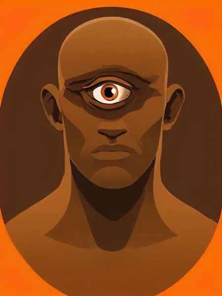 cyclops, one eye, solo, looking at viewer, simple background, 1boy, upper body, male focus, english text, gradient, gradient background, no humans, dark-skinned male, web address, orange background, bald, one-eyed<lora:cyclopes:1>