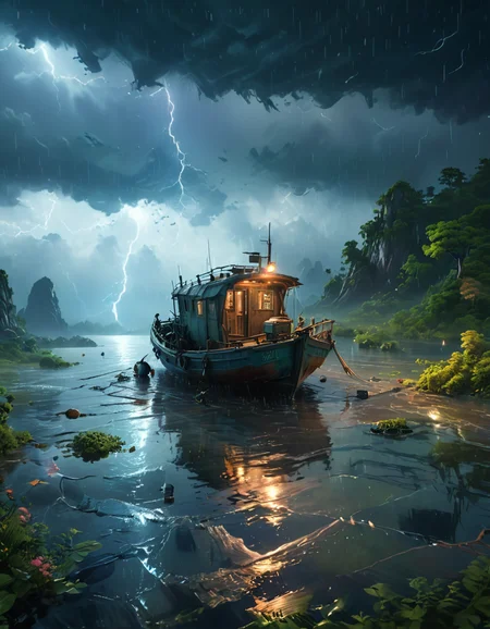 a highly detailed matte painting of a single fishing boat on lake in lightning storm and heavy rain by studio ghibli, makoto shinkai, by artgerm, by wlop, by greg rutkowski, volumetric lighting, octane render, 4 k resolution, trending on artstation, masterpiece <lora:add-detail-xl:0.55>, <lora:xl_more_art-full_v1:0.6>