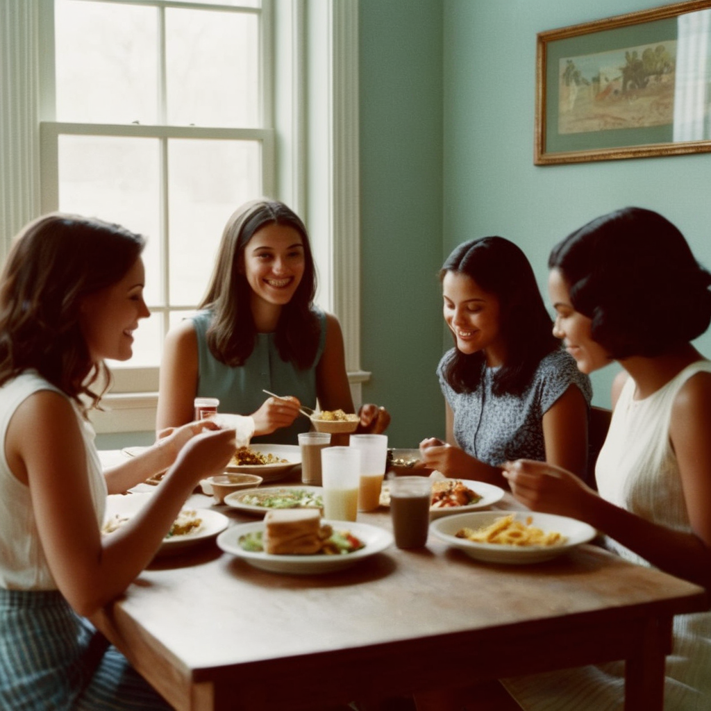 analog film photo of  <lora:Film Stock Footage Style:1>
Medium shot of a group of young women sitting at a table eating food while smiling at camera Kodak Ektar Film Stock Footage Style, faded film, desaturated, 35mm photo, grainy, vignette, vintage, Kodachrome, Lomography, stained, highly detailed, found footage