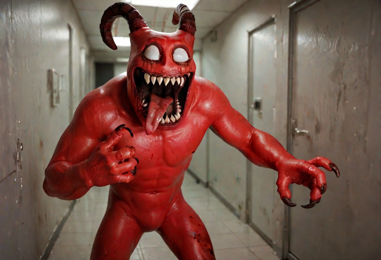 score_9, score_8_up, score_7_up, solo, banban, hellish, white eyes, red skin, claws, horror, horns, open mouth,  sharp teeth, tongue out, dark hallway, hospital, black room
