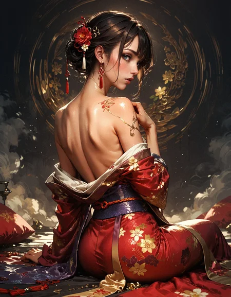score_9, score_8_up, score_7_up, score_6_up, score_5_up, score_4_up,  back view, gorgeous woman, 30 years old, sitting, Japanese, kimono, intricate fabrics, velvet sheets, satin, flower patterns, side view, wide hips, sexy, black hair, long hair, bangs, hair bun, off shoulder, looking back at viewer, shiny skin, (slim fit), pose, closeup, boobs squeezed together, (black background:1.2)