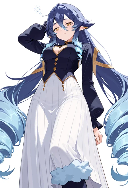 masterpiece,high quality details, absurdres,
<lora:Layla:0.8>
layla_cnr, 1girl, blue hair,very long hair, twin drills, drill locks, pointy ears, yellow eyes, hair between eyes, sidelocks,medium breasts,, simple background, white background, from below,solo,, sleepy,light smile,, heart cutout,waistcoat ,long skirt, ,fluffy legwear,