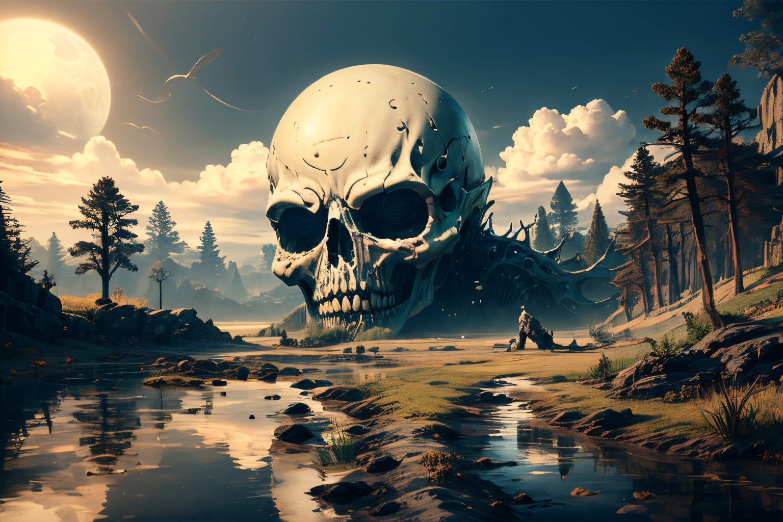 (Realistic:1.5) EdobHorrorLandscape , ambiguous gender, alien, building, 1boy, skull, grass, from behind, water, 6+others, nature, <lora:EdobHorrorLandscape_v1.0:0.8>