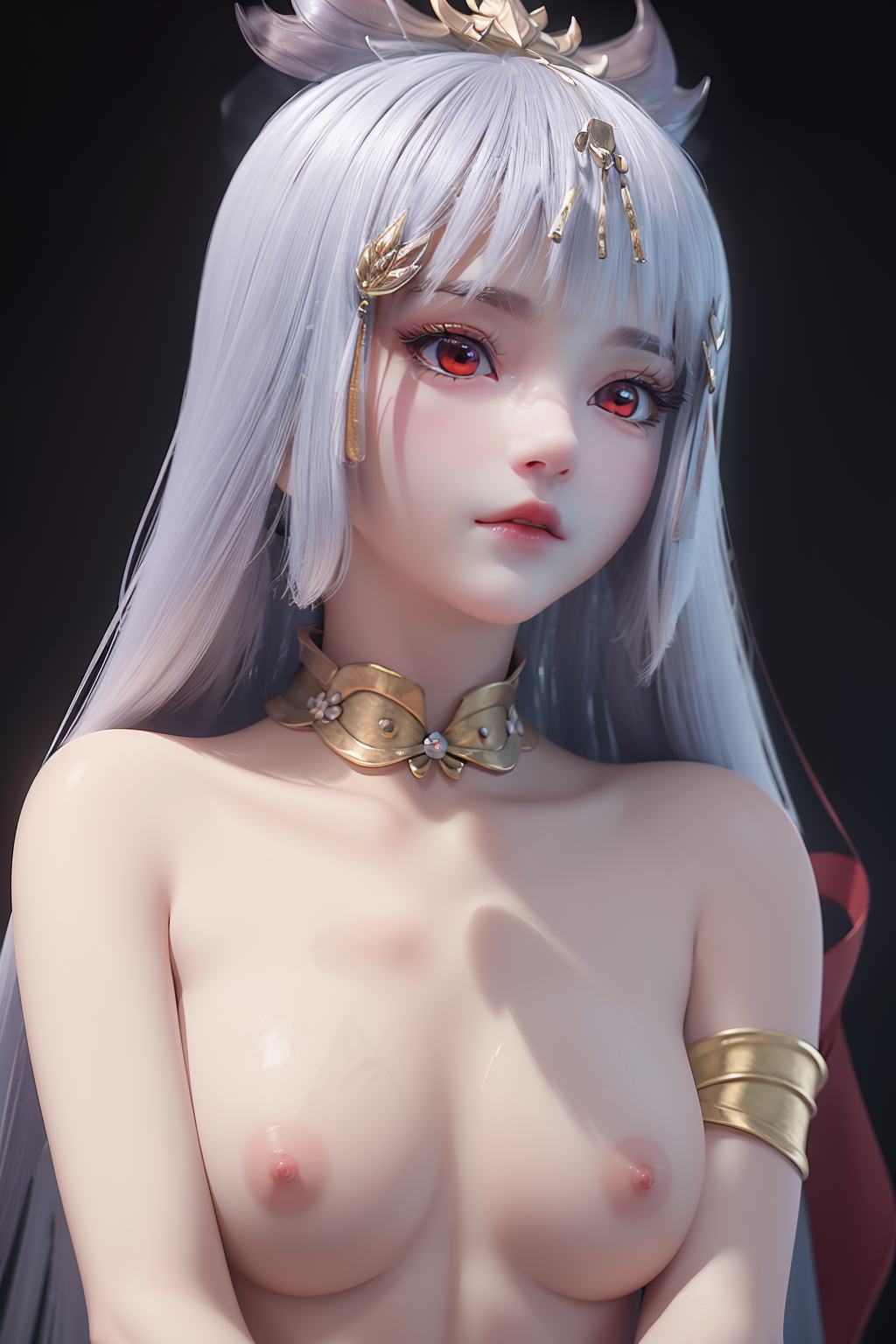<lora:TaiyinyutuV2-000001:0.9>,taiyinyutu,1girl,solo,long hair,black background,red eyes,silver flower,hair ornament,simple background,white hair,upper body,bangs,lips,blunt bangs,bare shoulders,closed mouth,(nude:1.2),completely nude,, best quality , masterpiece, illustration, an extremely delicate and beautiful, extremely detailed ,CG,unity,8k wallpaper, Amazing, finely detail, masterpiece, best quality,official art,extremely detailed CG unity 8k wallpaper,absurdres, incredibly absurdres, huge filesize , ultra-detailed, highres, extremely detailed,beautiful detailed girl, extremely detailed eyes and face, beautiful detailed eyes,light on face,