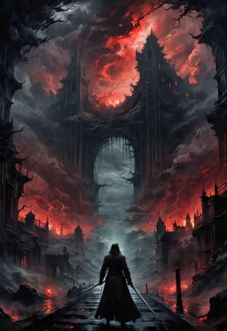 sword in hands, complicated architecture, horror atmosphere, EdobHorrorLandscape, it watches, something lurks in the dark, dark night, very busy sky, storm, dim fog, atmospheric, (red glow), romantic impressionism, absurdres, scenery art, matte painting, horror, beautiful digital painting, anime landscape, scary painting, paintlike, dreamy,