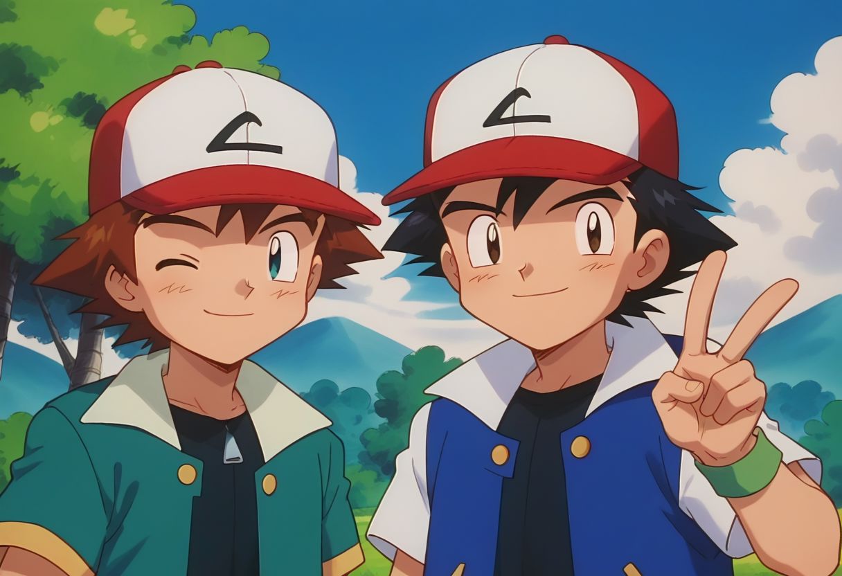 score_9, score_8_up, source_anime, highly detailed, 2boys, skinny
ash3, 1boy, hat, male focus, baseball cap, black hair, jacket, shirt, black shirt, smile, v sign, BREAK
richie2, 1boy, hat, smile, baseball cap, closed mouth, brown hair, short hair, wink, BREAK
outdoor, posing for a photo, upper body,