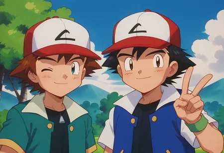 score_9, score_8_up, source_anime, highly detailed, 2boys, skinny
ash3, 1boy, hat, male focus, baseball cap, black hair, jacket, shirt, black shirt, smile, v sign, BREAK
richie2, 1boy, hat, smile, baseball cap, closed mouth, brown hair, short hair, wink, BREAK
outdoor, posing for a photo, upper body,